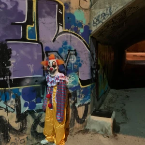 Killer Clown Halloween kostym från Party Fiesta - Säljer en läskig Killer Clown kostym i storlek XS från Party Fiesta. Dräkten har gula byxor och en randig överdel i blått och rött med en stor röd boll på framsidan. Ingår gör även en skrämmande clownmask med orange hår. Perfekt för Halloween eller maskerad! 🎃