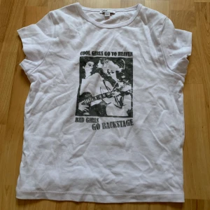 Vit t-shirt med tryck från Subdued - Säljer en vit t-shirt från Subdued med ett coolt tryck på framsidan. Texten säger 'Cool girls go to heaven, bad girls go backstage'. Perfekt för en avslappnad stil eller en dag på stan. T-shirten är i bomull och har korta ärmar.