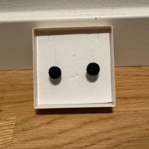 Svarta glittriga örhängen - Säljer ett par snygga svarta glittriga örhängen. Perfekta för att ge lite extra bling till din outfit, oavsett om det är för en fest eller en utekväll. De är runda och har en elegant design som passar till det mesta.