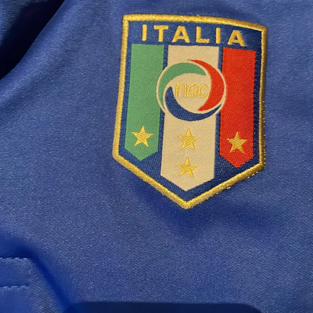 Säljer en blå kortärmad fotbollströja från Puma med Italiens landslagsemblem på bröstet. Tröjan har nummer 9 och namn på baksidan. Perfekt för fotbollsfans! 🏆. T-shirts.