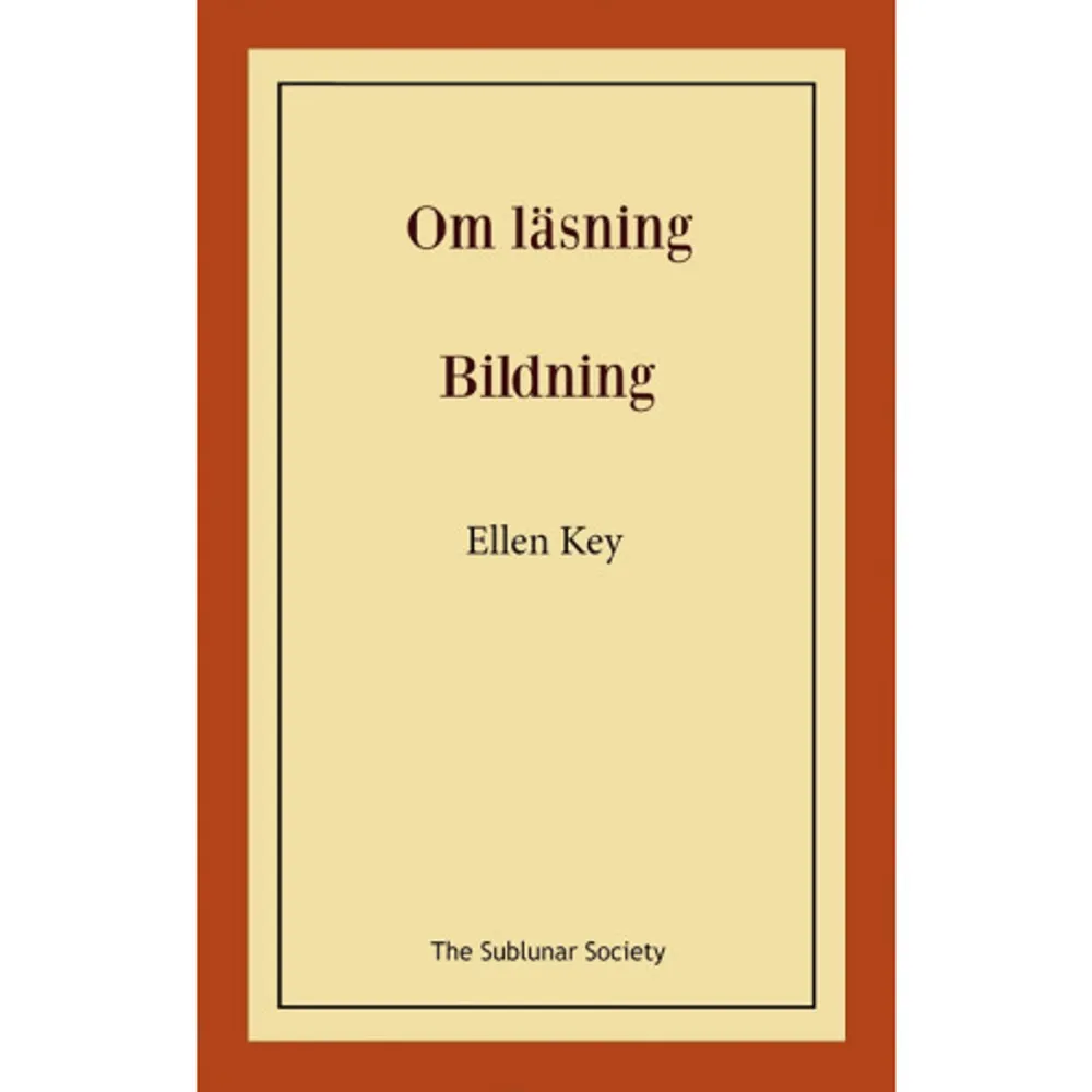 Ellen Key (1849-1926) var en svensk författare, pedagog och kvinnosaksideolog. Under tidigt 1900-tal var Key en av Sveriges mest omtalade samhälls- och kulturdebattörer. Hon skrev böcker, artiklar och pamfletter om ämnen som fred, feminism och folkbildning.Idag kan vi betrakta Key som en särartsfeminist. Key ansåg att män och kvinnor hade olika könsspecifika egenskaper – som avgjorde vilka roller de borde inneha i hemmet och i samhället. Denna ståndpunkt har blivit mycket omdebatterad och hon kan upplevas som provocerande än idag.I den korta skriften Om läsning (1898) ger Key sin syn på vad man bör tänka på och undvika vid läsning samt hur läsandet kan förädla oss människor. I skriften Bildning (1897) tar Key strid för den bildade människan. Med ”bildning” avser hon dock inte endast ett rikt mått av kunskaper. Begreppet är, menar Key, långt vidare och för att en person skall kunna anses bildad måste ett flertal faktorer, såsom en kunskapsmässig bas och ett rikt inre liv, stråla samman.    Format Häftad   Omfång 52 sidor   Språk Svenska   Förlag The Sublunar Society   Utgivningsdatum 2022-06-21   ISBN 9789189235816  . Böcker.