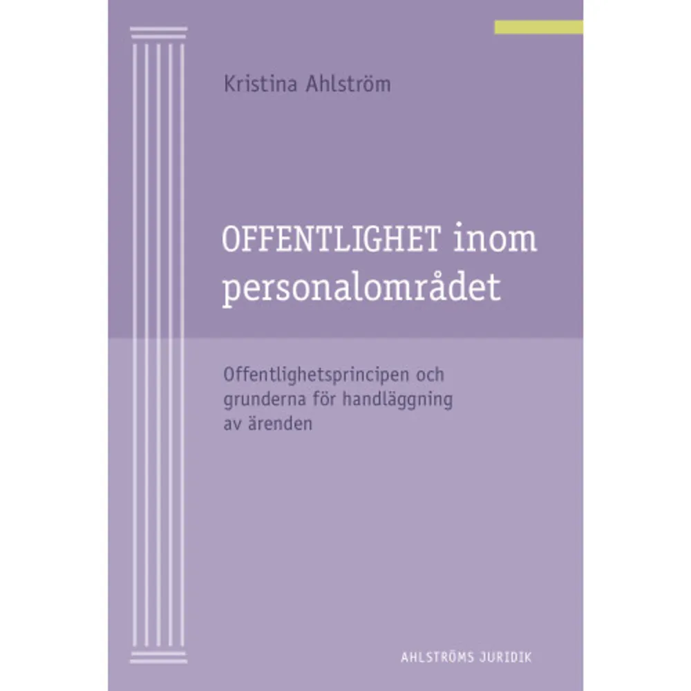 RÄTTEN ATT TA DEL AV allmänna handlingar är en grundläggande princip inom offentlig verksamhet. Den här boken ger en praktisk och informativ redovisning av dessa regler med fokus på personalområdet. Bestämmelserna om offentlighet gäller för statliga myndigheter, kommuner, regioner och kommunalt ägda bolag samt organ med offentligrättsliga uppgifter. Regler appliceras på handlingar och situationer som förekommer i arbete med personalfrågor. Konkreta exempel lämnas och korta referat från rättspraxis redovisas. Innehållet har tidigare publicerats i en bok av författaren som nominerades 2011 till en av årets bästa HR-böcker av Sveriges HR-förening i samarbete med tidskriften Personal & Ledarskap. Den boken har delats upp i tre självständiga delar som kompletterar varandra. I denna bok har hänvisningar till författningar uppdaterats, framför allt den nya förvaltningslagen och 2 kap. tryckfrihetsförordningen. Enstaka ändringar av sekretessbestämmelser har lagts till samt hänvisning till nya rättsfall.Boken vänder sig till jurister och alla som arbetar med personalfrågor. Den är även av intresse för verksamhetschefer och andra som vill ha en sammanhållen bild av ämnesområdet. Boken kan också användas som lärobok vid utbildning av jurister och personalvetare. Boken är också mycket användbar som handbok. Författaren Kristina Ahlström är advokat och fil. kand. i pedagogik med mångårig erfarenhet av arbete som jurist vid flera statliga myndigheter. Hon har erfarenhet av både förvaltningsrätt och arbetsrätt från bland annat Kronofogden, Skatteverket, universitets- och högskolesektorn, Regeringskansliet samt har medverkat i flera statliga utredningar. Kristina Ahlström har i dag egen advokatverksamhet. Hon föreläser om olika rättsliga ämnen och har skrivit flera juridiska böcker. Kristina Ahlström belönades med Karnovpriset 2018 för sin kommentar till den nya förvaltningslagen.Boken finns även att köpa i ett paket tillsammans med en bok om sekretess och en bok om rättspraxis inom personalområdet, se Offentlighet och sekretess inom personalområdet - Paket med 3 böcker, ISBN 978 91 984 52846.    Format Häftad   Omfång 256 sidor   Språk Svenska   Förlag Ahlströms Förlag   Utgivningsdatum 2020-01-29   ISBN 9789198452815  . Böcker.