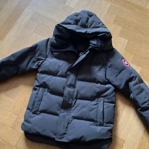 Svart dunjacka från Canada Goose - Säljer en svart dunjacka från Canada Goose med huva och dragkedja. Jackan har en broderad logotyp på ärmen och är perfekt för kalla vinterdagar. Den är designad för att hålla dig varm och bekväm i kyligt väder.
