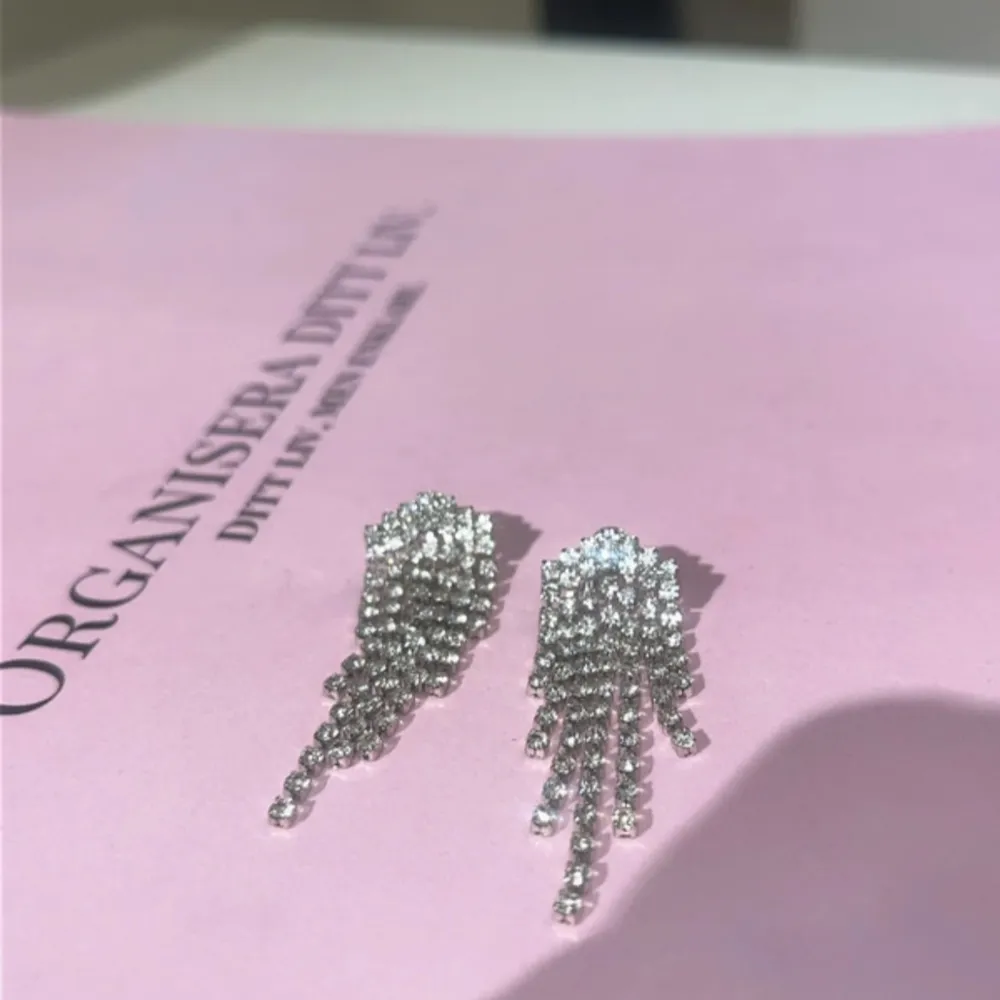 Snygga glittriga örhängen i silver med flera rader av gnistrande stenar som hänger ner. Perfekta för att ge en extra touch av glamour till din outfit. Aldrig använda. Köpte från glitter. Jag säljer för 75 kronor.✨. Asusteet.