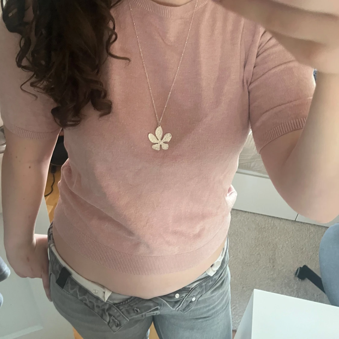 Rosa kortärmad stickad tröja - 90