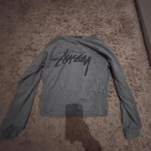 Grå tröja från Stussy - Säljer en grå tröja från Stussy med deras ikoniska logga tryckt på framsidan. Tröjan har långa ärmar och en bekväm passform, perfekt för en avslappnad stil. Änvänd 4-6 gånger och är i okej skick💘
