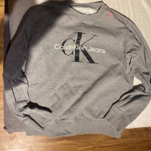Grå sweatshirt från Calvin Klein Jeans - Säljer en stilren grå sweatshirt från Calvin Klein Jeans med det ikoniska CK-logotypen tryckt på framsidan. Tröjan har långa ärmar och en rund halsringning, perfekt för en avslappnad look.