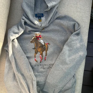 Grå hoodie från Ralph Lauren - Säljer en grå hoodie från Ralph Lauren med en cool björn som spelar polo på framsidan. Tröjan har en klassisk huva och långa ärmar, perfekt för en avslappnad stil. Passar bra till både jeans och joggers.