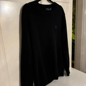 Svart tröja från Polo Ralph Lauren - Säljer en stilren svart tröja från Polo Ralph Lauren med lila logga på bröstet. Tröjan är långärmad och har en ribbad krage. Mycket bra skick, storlek M men passar även S!