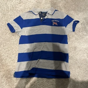 Randig pikétröja från Hackett - Snygg randig pikétröja från Hackett i blått och grått. Tröjan har korta ärmar och en klassisk krage med knappar. 