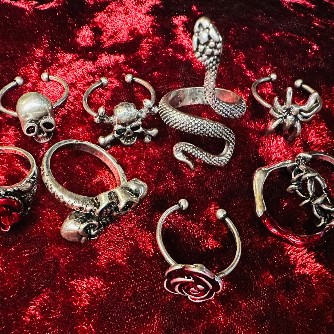 Set med nio matchande ringar med dödskallar rosor och ormmotiv - 91