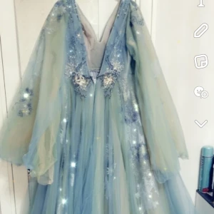 Blågrön långklänning med spetsdetaljer - Elegant långklänning i en drömsk blågrön nyans med vackra spetsdetaljer. Klänningen har en flytande design som ger en sagolik känsla.