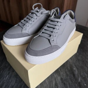 Axel Arigato Grå   - Snygga grå sneakers med snörning och vit sula. Skorna har en stilren design med mörkare grå detaljer och en diskret blå häl. Perfekta för en avslappnad stil.