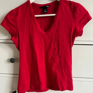 Röd v-ringad t-shirt från H&M - Säljer en snygg röd t-shirt från H&M med v-ringning och korta ärmar. Perfekt för en avslappnad stil. Passar bra till jeans eller kjol.
