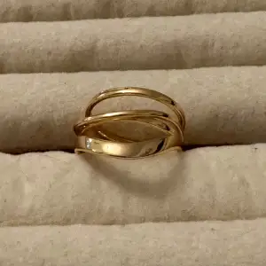 Säljer en superfin guldpläterad ring med en unik, vriden design. Ringen har en modern och stilren look som passar perfekt till både vardag och fest. Den är i nyskick och redo att bli en del av din smyckessamling!