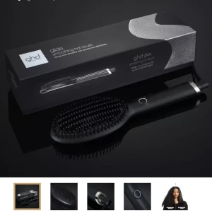 ghd Glide Raktångsborste - Säljer en ghd Glide raktångsborste i svart. Den har en elegant design med en kombination av borst och värmeplattor för att enkelt kunna styla håret. Perfekt för att snabbt få ett rakt och glansigt resultat. Borsten har en sladd med EU-kontakt och en strömbrytare på handtaget. Använd den för att få salongskänsla hemma! Knappt använd och funkar som den ska. Nypris 2 000 kr. 