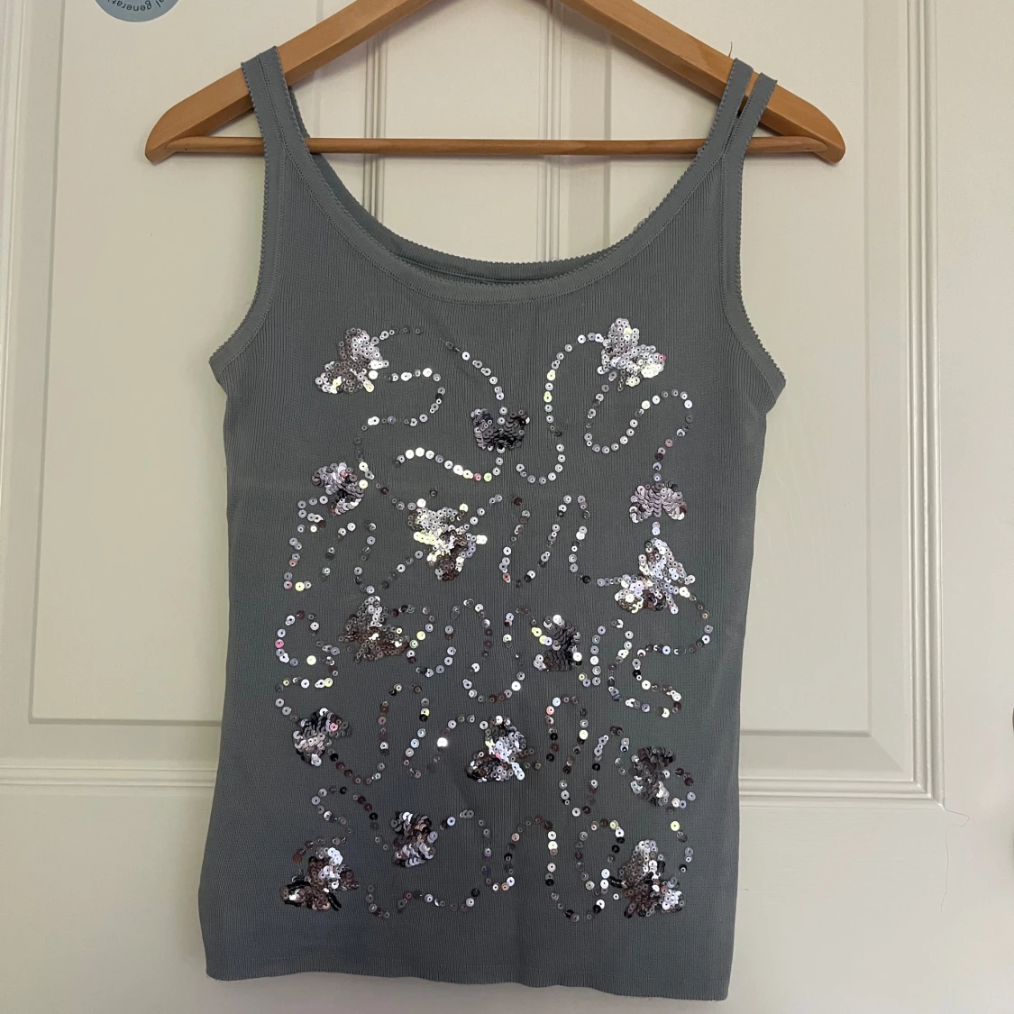 Grå/blå linne med paljetter  - 90