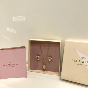 Lilly and Rosé Petite Camille Stud Halsband och Örhängen – Gulden Shadow - Totalt oanvänd set från Lilly and Rosé.  "Gulden shadow" är en varm, gyllene färg som drar åt en mörkare nyans av guld. Den har ett mjukt, skuggigt utseende, ofta med en känsla av djup eller dämpad glans.   - Handgjord. - Bly- och nickelfri. - Levere