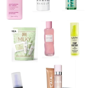 Smink- och hudvårdsprodukter - En samling av olika smink- och hudvårdsprodukter. Inkluderar en fuktgivande gel-kräm i rosa förpackning, en makeup-produkt i vit burk, en grön flaska med en produkt från NYX, en Pixi Milky hudvårdsprodukt i en grön påse, en rosa flaska med toner, och en CAIA produkt i en rosa och beige tub.
