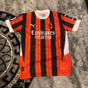 Randig fotbollströja från Puma - Snygg randig fotbollströja från Puma i rött och svart med vita detaljer. Tröjan har korta ärmar och klubbmärke på bröstet. Perfekt för fotbollsfans! Storlek S