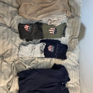 Mörkblå kortärmad t-shirt från GANT - Pike tröja ifrån Gant samt 3 vanliga T-shirtar ifrån Gant och en ifrån Tommy. Även en frotté tröja till sommaren. Alla är i utmärkt skick. skicka dm om pris så kommer vi överens. Storek: alla passar 164-170