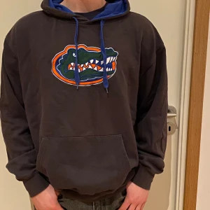 Hoodie - Vintage hoodie med grå färg på in och utsidan med blåa snören och en blå färg på insidan av luvan