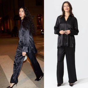 Vida blanka byxor i viskos med sidenkänsla  - Så snygga och bekväma byxor i glansig siden känsla, 100% viskos. Snygga både till hemmamys el fest. Antingen med andra plagg eller skjortan som matchar (säljs oxå) stl S rymlig/lös modell med resår i midjan. Ord pris 499:- (slutsålda) anv 1ggr