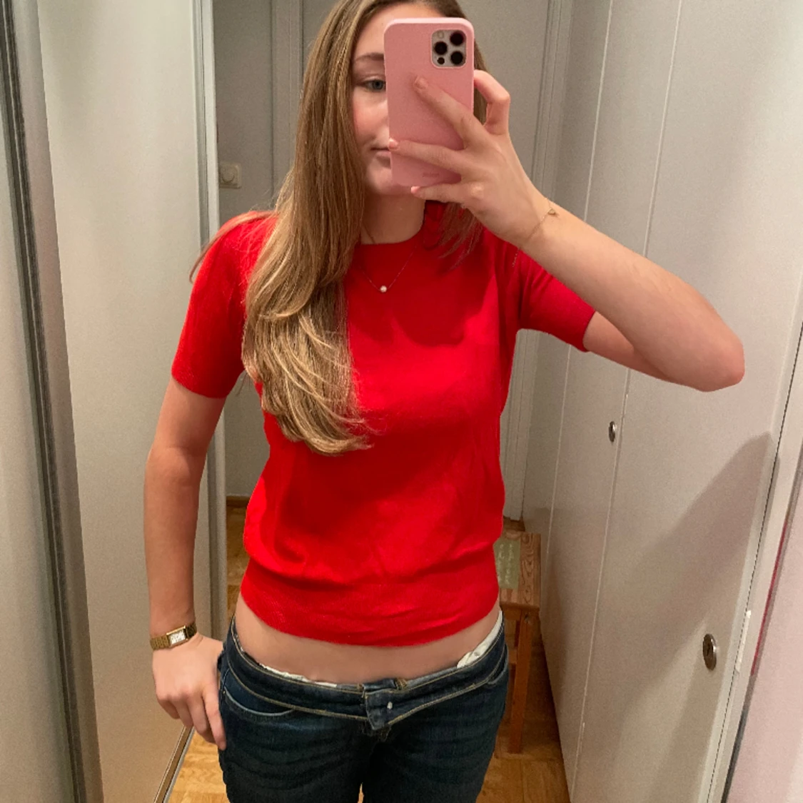 Röd/orange stickad t-tröja  - 90