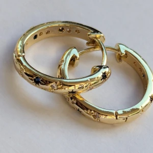 Guldfärgade örhängen med blå och vita stenar - Ett par guldfärgade örhängen med blå och vita stenar i koppar material. Örhängena har en rund form och är dekorerade med små blå och vita stenar som ger en elegant och lyxig känsla.NY