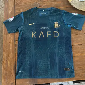 Hej! Säljer en mörkgrön al nassr Ronaldo tröja. Riktigt skönt material och luftigt samt riktigt snygg. Bra tryck och text, inte riktig. Är i medium size Köpare betalar frakt!