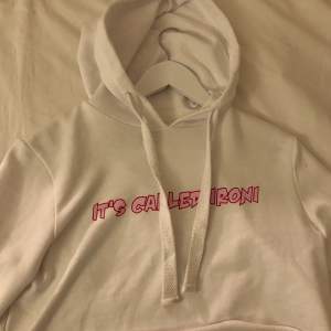 Vit hoodie med trycket ”It’s called irony” i rosa. Strl XS croppad. Knappt använd i nyskick. Säljes pga garderobränsning. 50kr+frakt