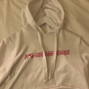 Vit hoodie XS - Vit hoodie med trycket ”It’s called irony” i rosa. Strl XS croppad. Knappt använd i nyskick. Säljes pga garderobränsning. 50kr+frakt