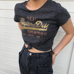 superdry tshirt - L - grå t-shirt med guld/rosa detaljer från superdry i mycket gott skick. storlek L men passar även mindre. modellen är 163 cm och bär vanligtvis S i överdelar.
