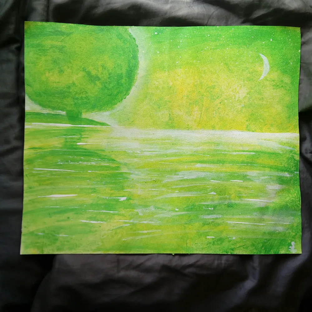 En vacker grön målning med träd och vatten. På kanvasduk. Orginalmålning. Övrigt.