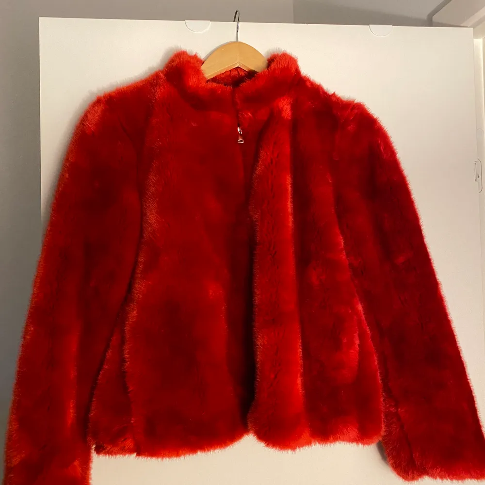 Super cute and sassy scarlet fluffy jacket perfect to throw on over anything, perfect condition. Has pockets. Great for evenings! Has never been woren. . Jackor.