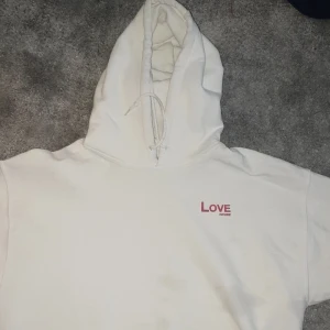 Vit hoodie från Ochre, strl large - En skit cool vit hoodie från märket Ochre. Går inte att köpa längre! Skulle passa medium också. Spillde olivolja på, så lite fettfläckar, vet ej om de går bort om man tvättar igen
