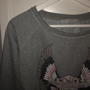 Odd Molly sweater  - Collegetröja från oddmolly, grå med tryck. Aldrig använd och i storlek 0 vilket motsvarar ungefär S. Nypris ca 1000 men säljer för 200. Priset går att diskutera 