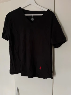 Svart t-shirt från U.S. Polo Assn. - Sitter som M! Klassisk svart t-shirt från U.S. Polo Assn. med v-ringning och korta ärmar. Tillverkad i mjuk bomull och har en liten röd logga broderad nedtill på framsidan. Perfekt basplagg för en enkel och stilren look.
