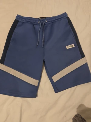 Blå shorts från McKenzie med snörning - Snygga blå shorts från McKenzie med vita och mörkblå detaljer. Shortsen har elastisk midja med snörning och två sidofickor. Perfekta för sommaren och sportiga dagar. Den.är s men kan pasa m