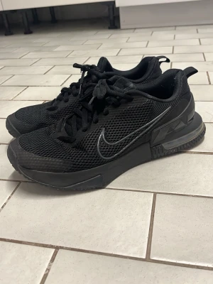 Nike Air Max Alpha Trainer 6 - Säljer ett par helsvarta Nike sneakers med mesh-ovandel och tydlig Swoosh på sidan. Skorna har snörning, låg profil och robust sula med detaljer i gummi. Perfekta för en sportig och clean look. Storlek 46