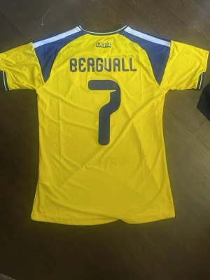 Sverige matchtröja Bergvall #7 - Gul vm matchtröja från Sveriges landslag med blå detaljer, namn BERGVALL och nummer 7 på ryggen. Tröjan har korta ärmar och är tillverkad i ett lätt, ventilerande material som passar perfekt till sport och träning.