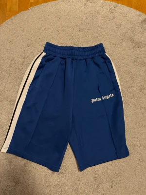 Palm Angels shorts  - Snygga blå shorts från Palm Angels med vita och svarta ränder längs sidorna. Shortsen har elastisk midja och sidofickor samt Palm Angels-logga tryckt på vänster ben. Perfekta för en sportig och avslappnad stil.