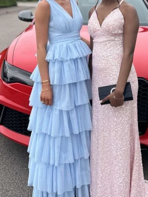 Ljusblå långklänning med volanger - Säljer en ljusblå långklänning med flera lager volanger och v-ringad urringning både fram och bak. Klänningen har breda axelband och en omlottliknande topp. Perfekt för sommarens speciella tillfällen.