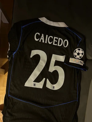 Chelsea FC svart matchtröja - Säljer en svart Chelsea FC matchtröja från  med Caicedo och nummer 25 på ryggen. Tröjan har blå detaljer, vit krage och Champions League-märke på ärmen. Tillverkad i lätt och ventilerande material, perfekt för fotboll eller träning. Storlek L men sitter som M pga att den är player version, tröjan har använts vid få tillfällen, tröjan skickas ut nytvättad 