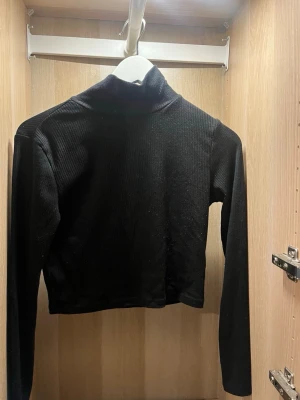 Svart ribbad croppad polotröja - Svart långärmad polotröja i ribbat material med croppad passform. Tröjan har en hög krage och är tillverkad i ett mjukt, stretchigt tyg som sitter tight mot kroppen. Enkel och stilren design som funkar till många olika looks.