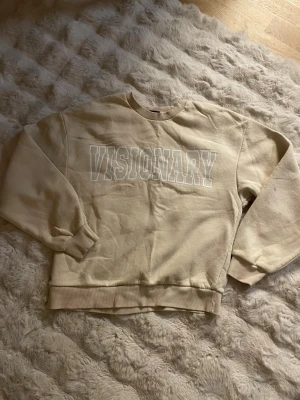 Beige sweatshirt med tryck Visionary - Snygg beige sweatshirt från Visionary med stort vitt tryck över bröstet. Tröjan har rund halsringning, ribbade muddar vid ärmslut och nederkant samt en avslappnad passform. Perfekt för en chill och trendig look.