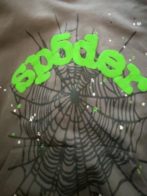 Grå hoodie från Sp5der med tryck - Säljer en grå hoodie från Sp5der med stort spindelnätsmönster och grönt 3D-tryck på bröstet. Hoodien har huva och magficka, samt detaljer med små stjärnor och S-symboler. Perfekt för dig som gillar streetwear och unika prints.