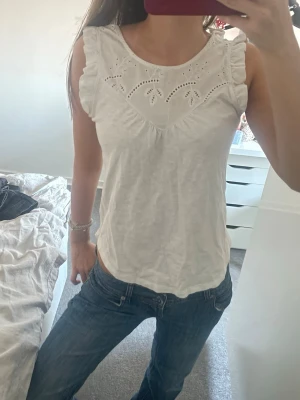 Vit ärmlös topp med spetsdetaljer - Söt vit ärmlös topp med broderade spetsdetaljer upptill och volang vid axlarna. Rund halsringning och lätt, luftig känsla. Perfekt till jeans eller kjol för en fräsch look.