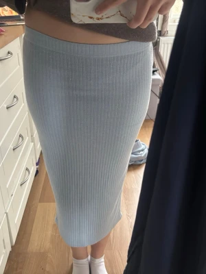 Ljusblå ribbad långkjol - Säljer en ljusblå ribbad långkjol med hög midja. Kjolen är stretchig och har en smal passform som sitter snyggt längs kroppen. Perfekt att styla med en enkel topp eller hoodie för en chill look.