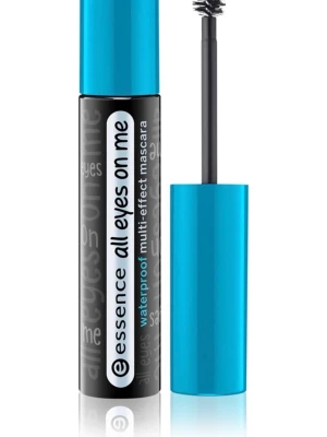 Essence All Eyes On Me Mascara - Essence All Eyes On Me mascara med svart formula och blått lock. Tuben är svart med text i vitt och blått. Mascaran är vattenfast och har en klassisk borste för volym och längd. Perfekt för dig som vill ha definierade fransar hela dagen.